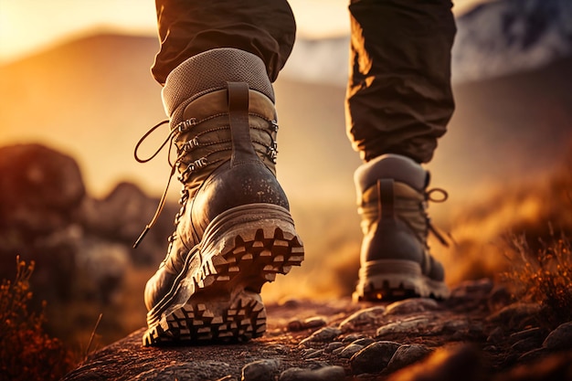 Photo a person wearing a pair of hiking boots is walking on a rock.