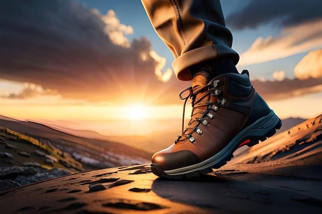 A person wearing a pair of hiking boots stands on a rock in front of a sunset.