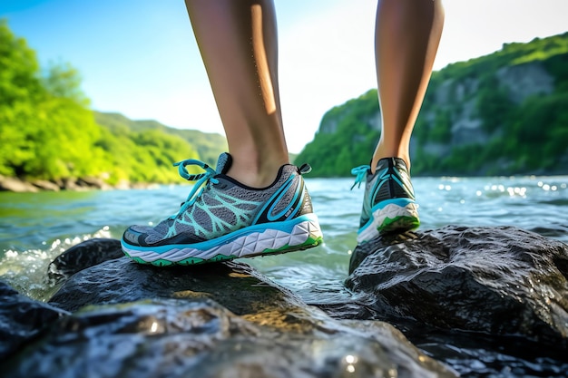 A person wearing a pair of running shoes stands on a rock in the water.