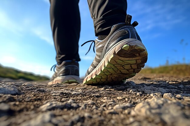靴を履いた人が岩だらけの小道を歩いています。