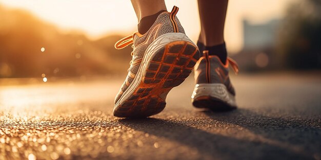 A person wearing a pair of shoes with orange laces running down a road