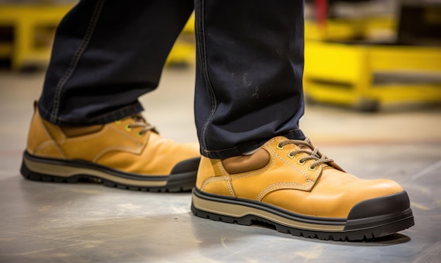 A person wearing a pair of work boots stands on a floor.