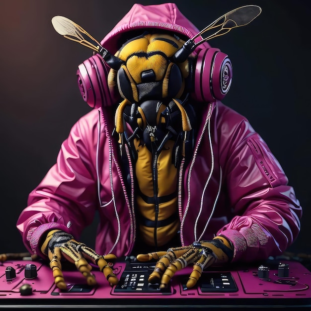A person wearing a pink jacket with a hoodie that says bee on it.