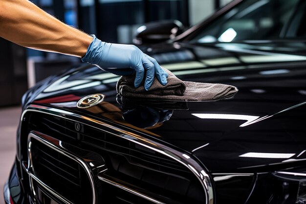 Photo a person wearing protective gloves and holding a colorful paintbrush