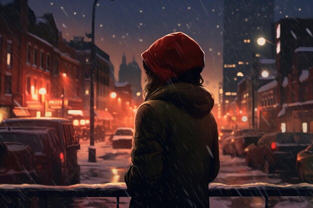 a person wearing a red hat staring out their window onto the snowy street