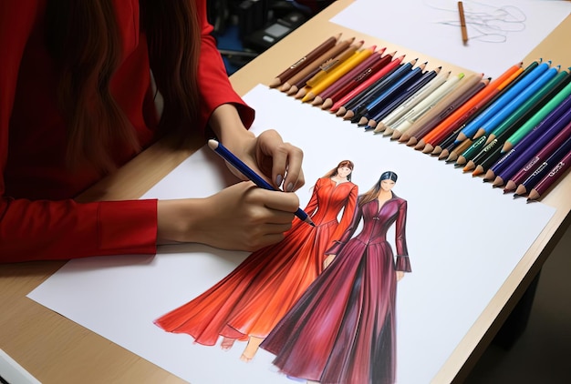 person wearing red pencil drawing a dress by coloring and measuring supplies in the style of colorfu