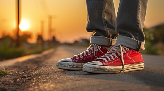 A person wearing red sneakers stands on the road at sunset