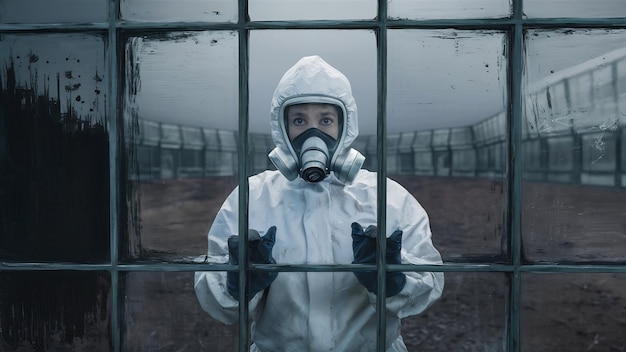 Person wearing a respirator standing behind the glass