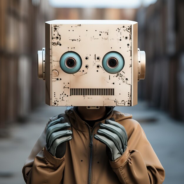 Photo a person wearing a robot mask