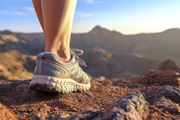 Premium AI Image | A person wearing a running shoe stands on a rock in ...