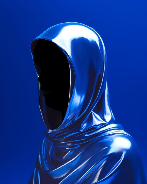 A person wearing a shiny blue hoodie