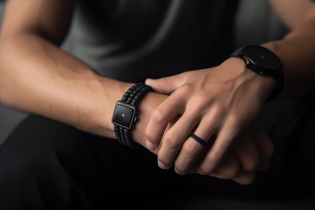 Person wearing smart watch and bracelet with connected features created with generative ai