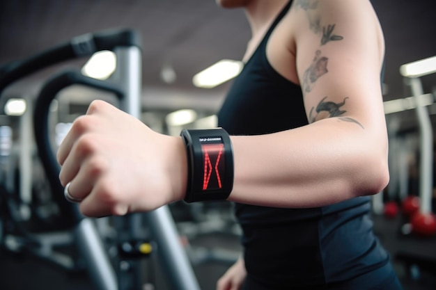 Person wearing smartwatch and heart rate monitor during workout in gym created with generative ai