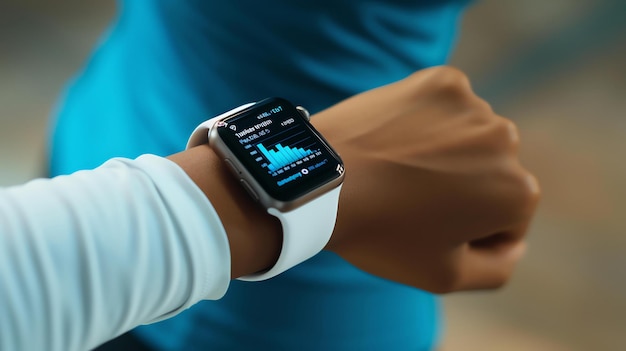 A person wearing a smartwatch is running The watch is displaying the persons heart rate distance ran and time elapsed