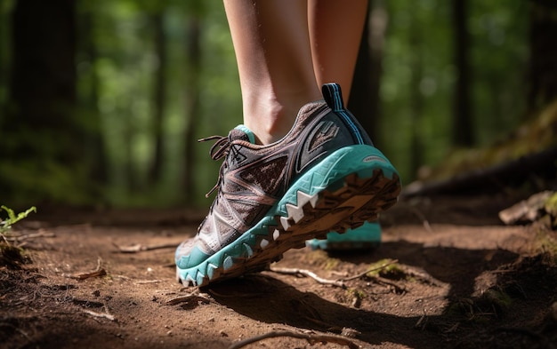 A person wearing a trail running shoe in the woods