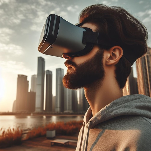 Photo a person wearing virtual reality background