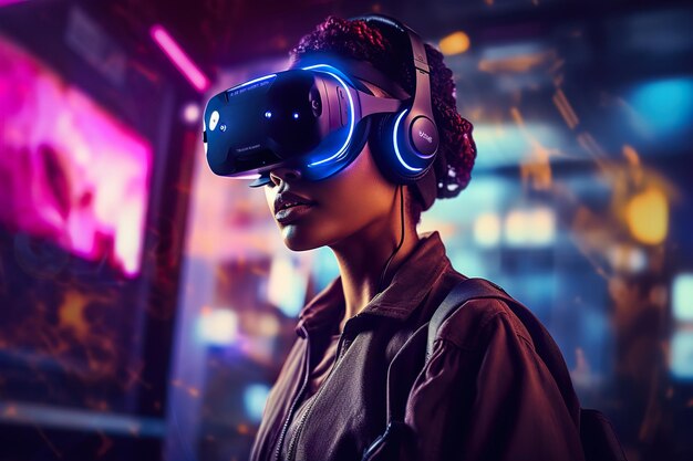 A person wearing virtual reality glasses exploring metaverse world of digital art