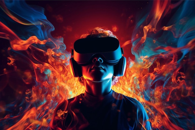 A person wearing virtual reality glasses metaverse content with ai generated image
