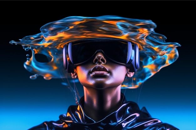 Foto persona che indossa occhiali per realtà virtuale concetto di tecnologia futura del metaverso