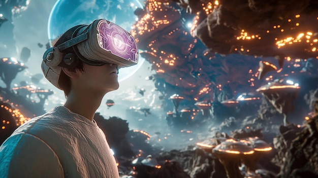 Photo a person wearing a virtual reality goggles with the word alien on the face