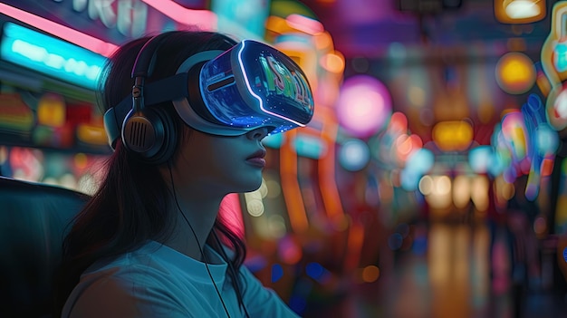 仮想現実のヘッドセットを身に着けデジタルアムでローラーコースターを体験する人
