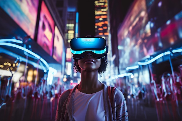 Человек в гарнитуре виртуальной реальности, исследующий метавселенную города будущего