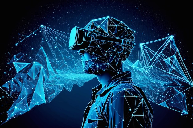 Person wearing a virtual reality VR headset with futuristic connected lines and polygons Generative ai