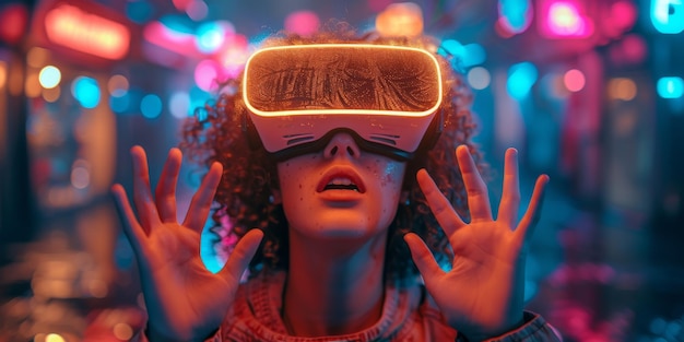 Photo person wearing vr headset hands raised immersed in virtual experience with futuristic neon backgr