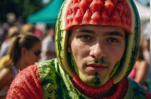 A person wearing a watermelon costume at a festival