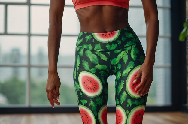 A person wearing watermelonprint leggings whil