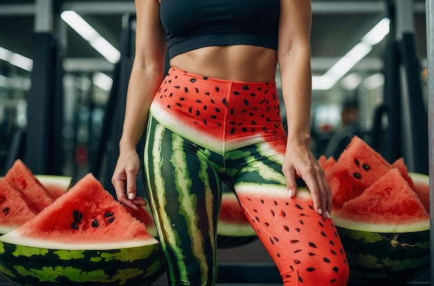 A person wearing watermelonprint leggings at the