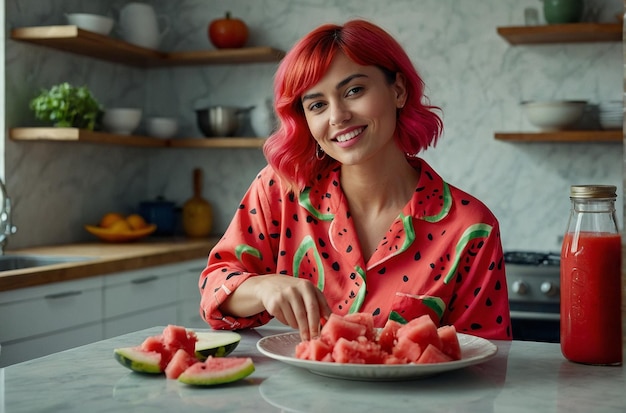 A person wearing watermelonprint pajamas while ba