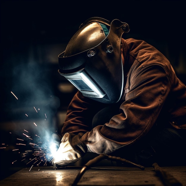 A person wearing a welding helmet and welding with a light on the face.