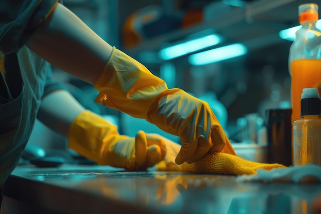 Foto una persona che indossa guanti gialli pulisce un bancone in un ambiente professionale