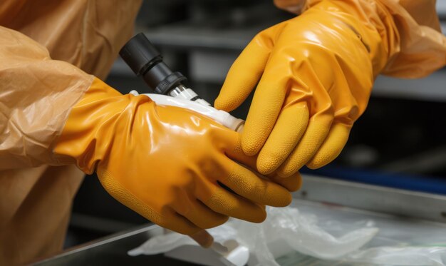 A person wearing yellow gloves is working on a piece of plastic.