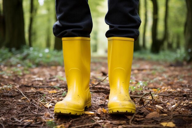 Photo person wearing yellow rubber boots with high