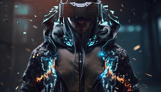 Person wears VR metaverse illustration Virtual Reality man with glasses Technology of future