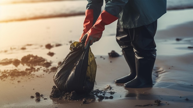 A person in a wet bag with a red rubber glove and rubber gloves is picking up a bag of trash