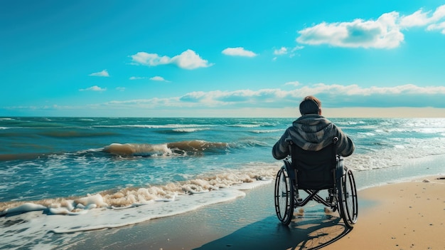 Photo a person in a wheelchair 2 enjoying the view of the ocean from the beach 3 peaceful reflecting solit