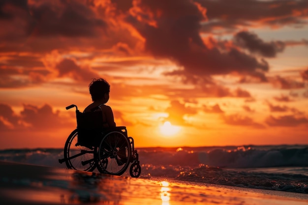 A person in a wheelchair is sitting on the beach at sunset