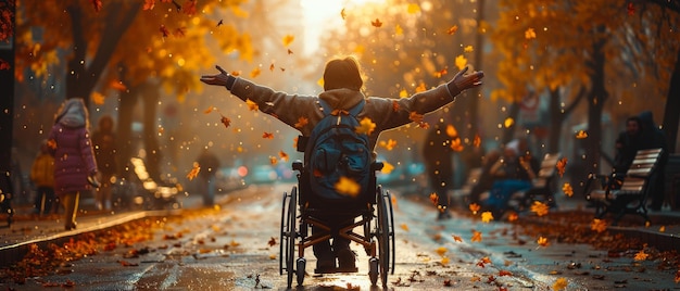 A person in a wheelchair is surrounded by falling leaves