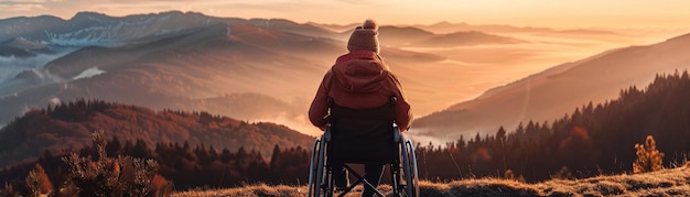 Person in a wheelchair overlooking a breathtaking mountainous landscape at sunrise