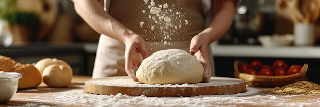 A person in a white apron holds fresh dough on a floured wooden surface Baking process in a home kitchen Banner copy space