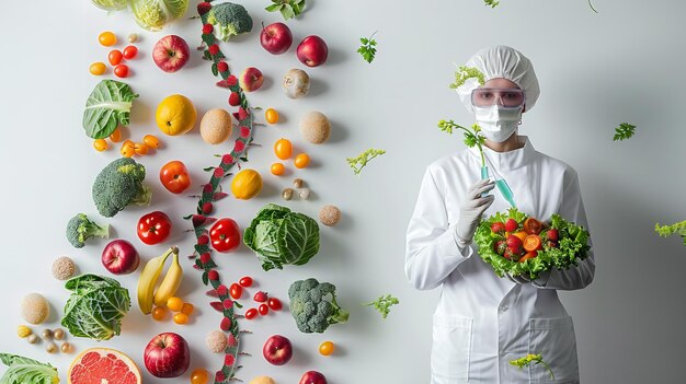 Foto una persona in un vestito da chef bianco con una maschera per la faccia e un mucchio di verdure davanti a loro