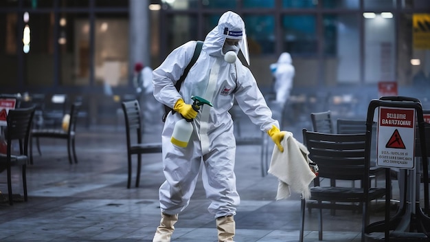 白い化学防護スーツを着た人がハイルが広がるのを止めるために公共のエリアを消毒しています