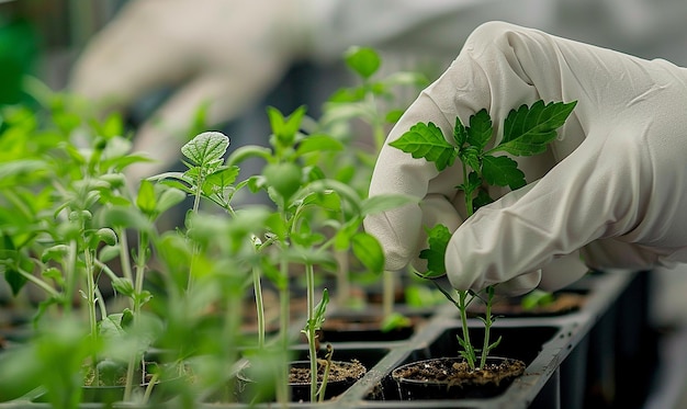 a person in a white glove is holding a plant in a greenhouse