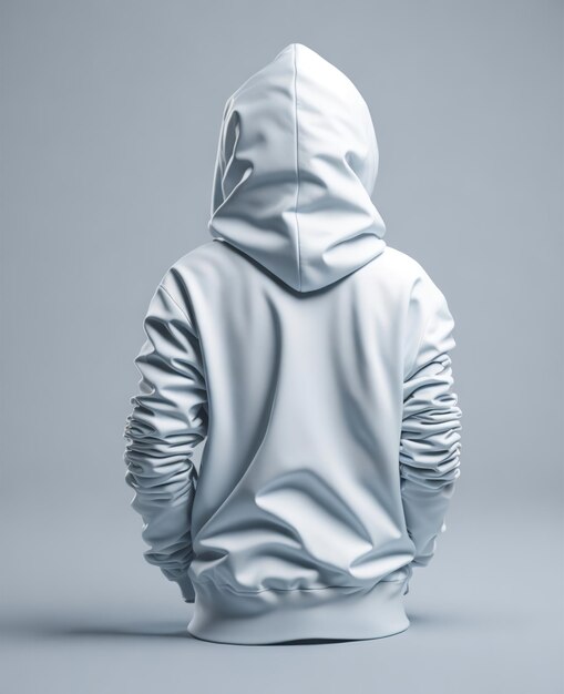 A person in a white hoodie stands in front of a gray background.