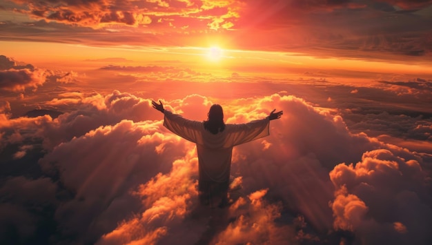 person in white robe standing among clouds at sunset