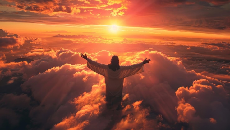 Photo person in white robe standing among clouds at sunset