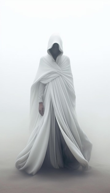 A person in a white robe stands in a foggy scene.